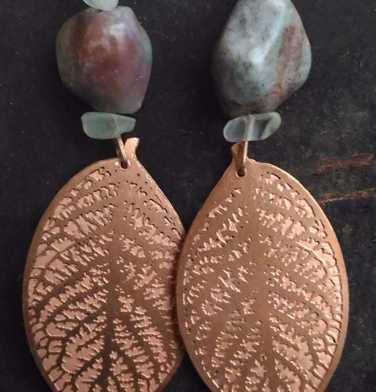 Copper engraved leaf earrings with fluorite and agate