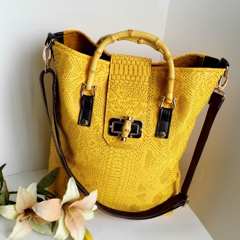 SOLD - Yellow tote bag, Faux crocodile bag, Oversized handbag, Womens summer bag, Bamboo handle bag, Vegan leather tote, Ladies work bag