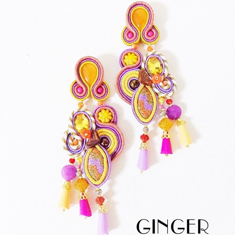 Soutache earrings, yellow earrings, purple earrings, gypsy costume jewelry, belly dancer jewelry, kawaii earrings, autumn pumpkin earrings