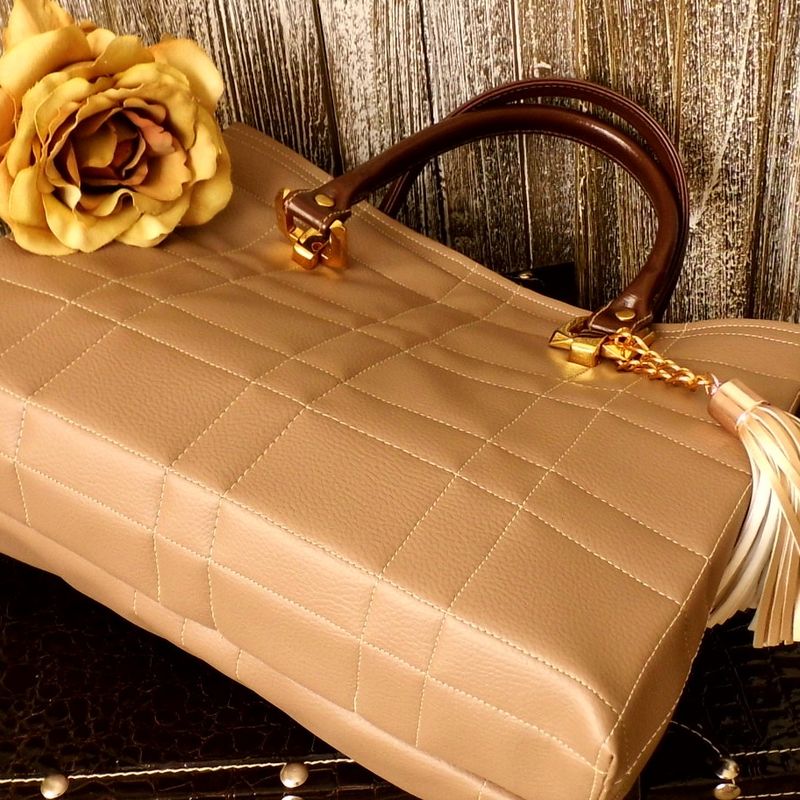 SOLD!!! Camel tan handbag, Brown vegan leather handbag, Womens work bag, Large purse with tassel