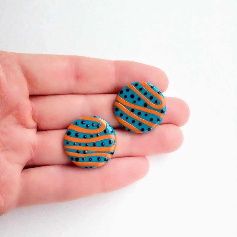 Big round blue studs, striped studs, dotty studs, orange stripes, circle studs, large studs, funky studs, 80s style studs, blue and orange