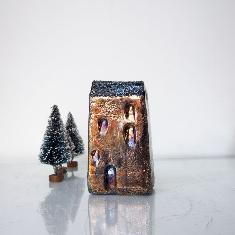 Art Gold Raku fired Ceramic house Handmade Unique Ceramics Architectural Home decor, City building, raku pottery, black and gold