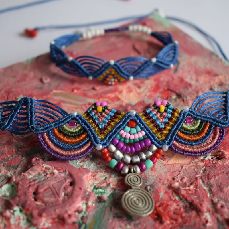 Macrame hippie necklace/bracelet / Colorful jewelry/ Blue jewelry/ Macrame choker necklace unique design/Choker necklace /Ankle bracelet