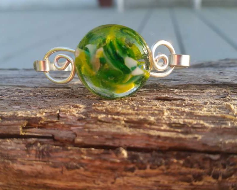 Silver And Green Art Glass Handmade Bracelet