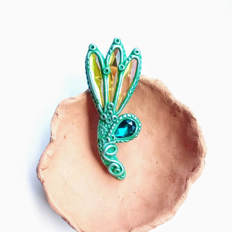 Green flower brooch with glass crystals handmade of polymer clay