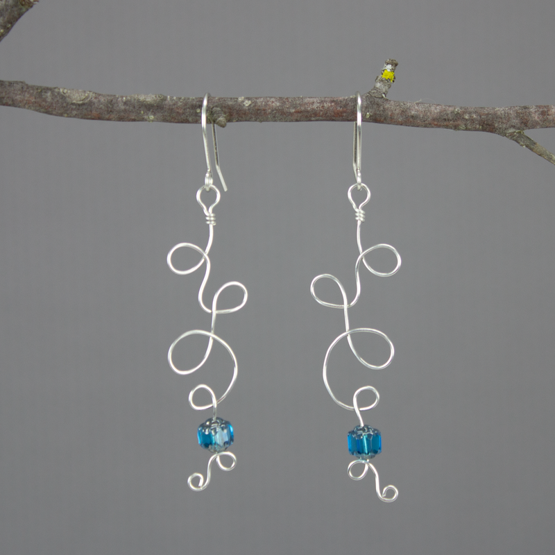 Silver plated wire and bead earrings, wirework, curly cues