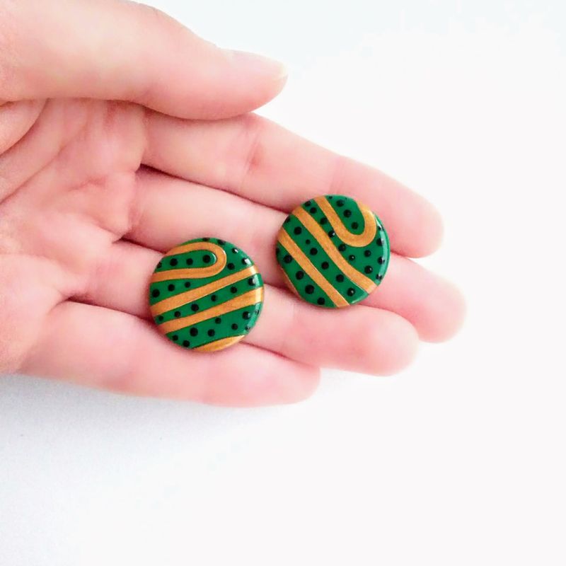 Green striped studs, green and gold studs, round studs, large studs, massive studs, lightweight studs, minimalist studs, everyday studs