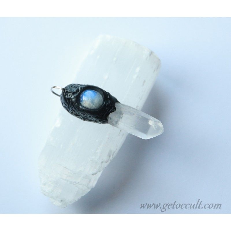 Moonstone and synthetic crystal quartz amulet