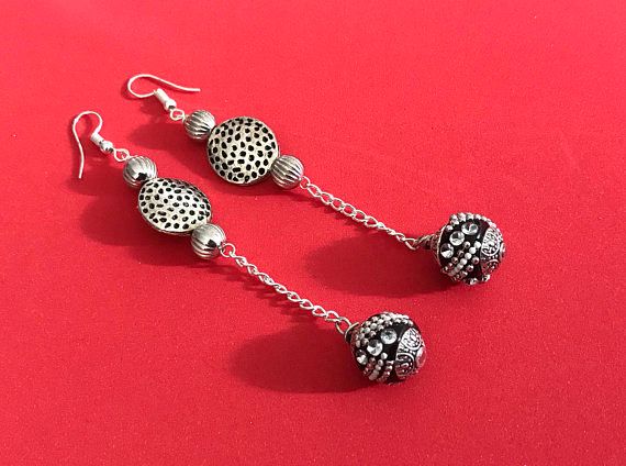 Handmade Boho Chain Earring black long statement earrings Kundan beads Indian jewelry ethnic dangle drops silver Kashmiri earring bridal shower gift