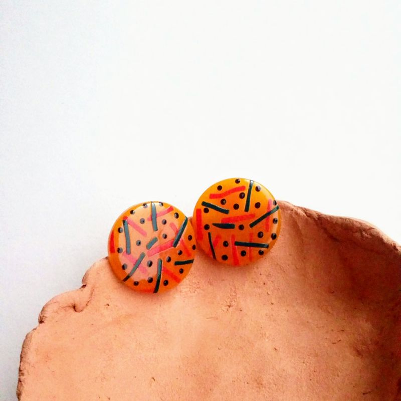 Big circle yellow studs, dotty studs, dotty earrings, striped earrings, geometric studs, hippie studs, trendy studs, studs with stripes