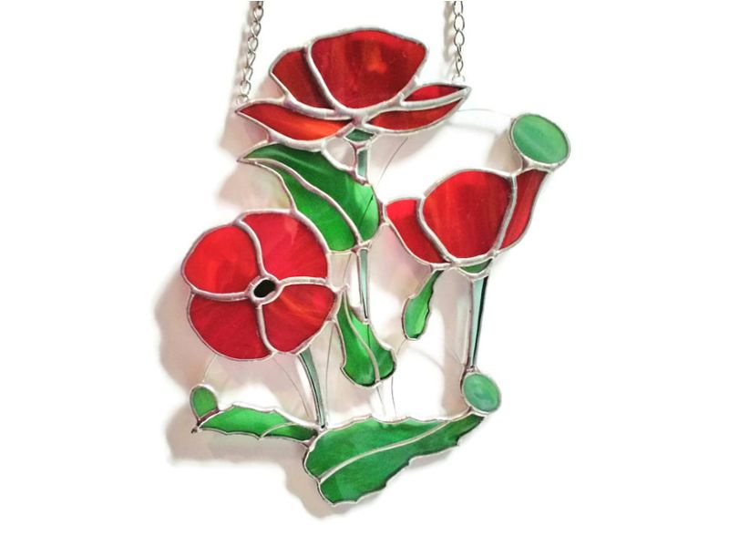 Red Poppy Stained Glass Window Suncatcher, Wedding Anniversary Retirement New Home Gift