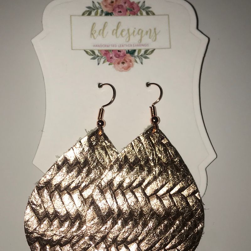 Rose gold, weaved patterned, genuine leather earrings
