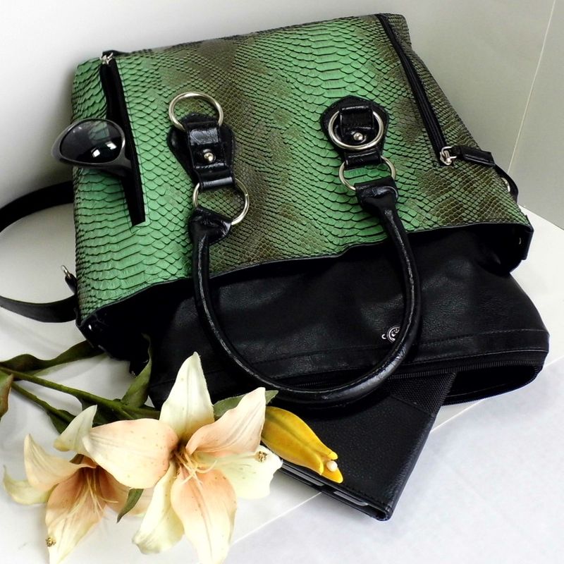 SOLD - Faux Reptile Green Tote Bag with Matching Pouch