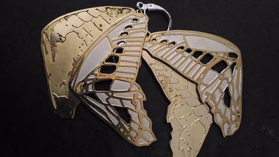 Brass butterfly earrings,two-layered metal butterfly wings with silverplated,engraved and perforated parts