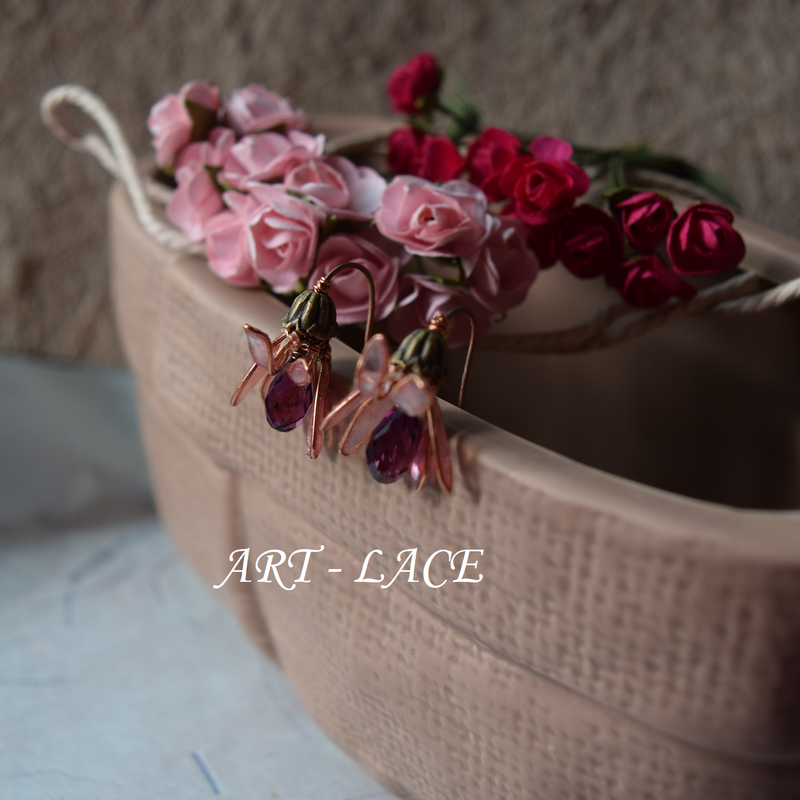 Rose gold earrings Pink flower with Swarovski crystal earrings Flower with long stem Bridal earrings pink