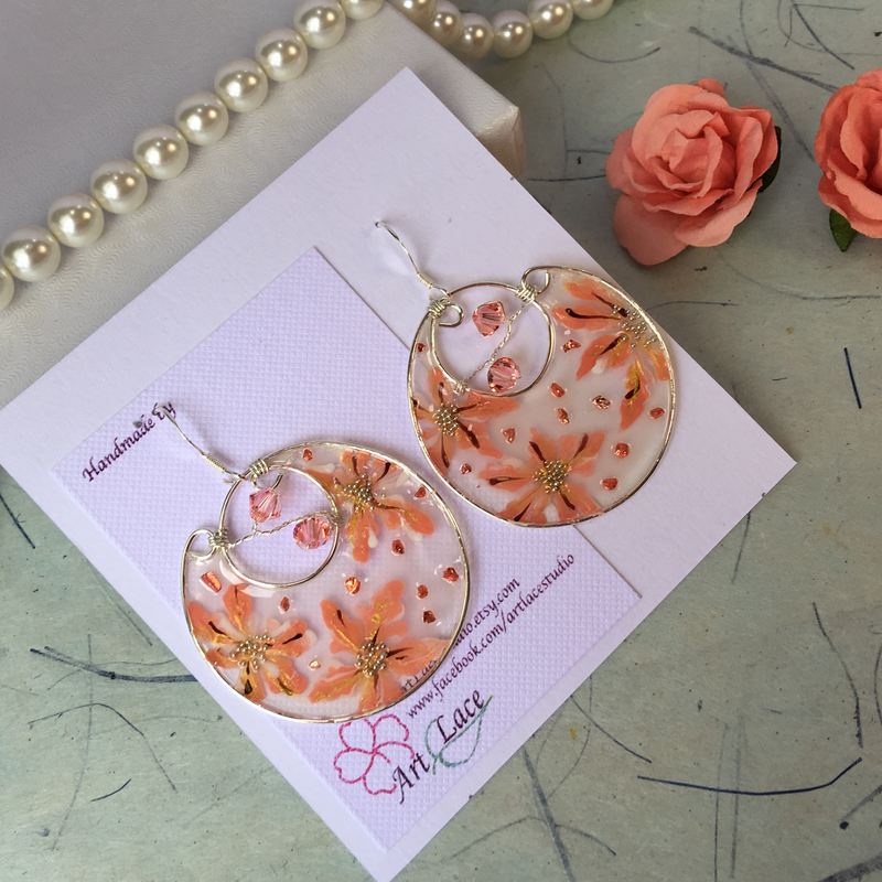 Sterling silver large hoop earrings Dangle Peach earrings Statement earring Party earring Wire resin Hoop  Hand-painted Flower Chandelier