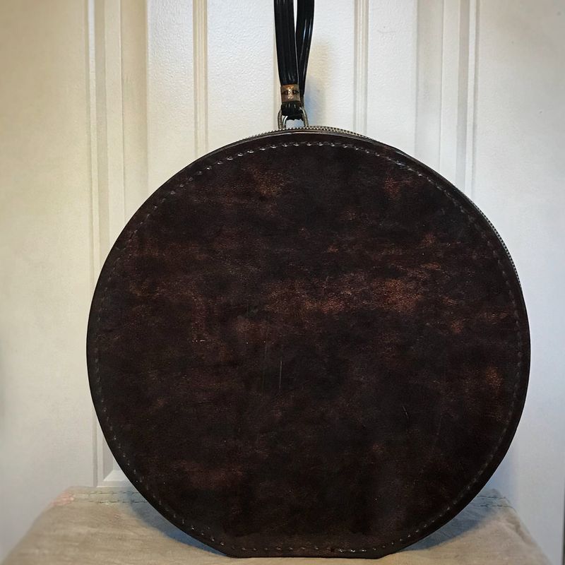Vintage round suitcase, vintage round zipper case, vintage hat box, Small round doll case, small brown train case suitcase, child suitcase