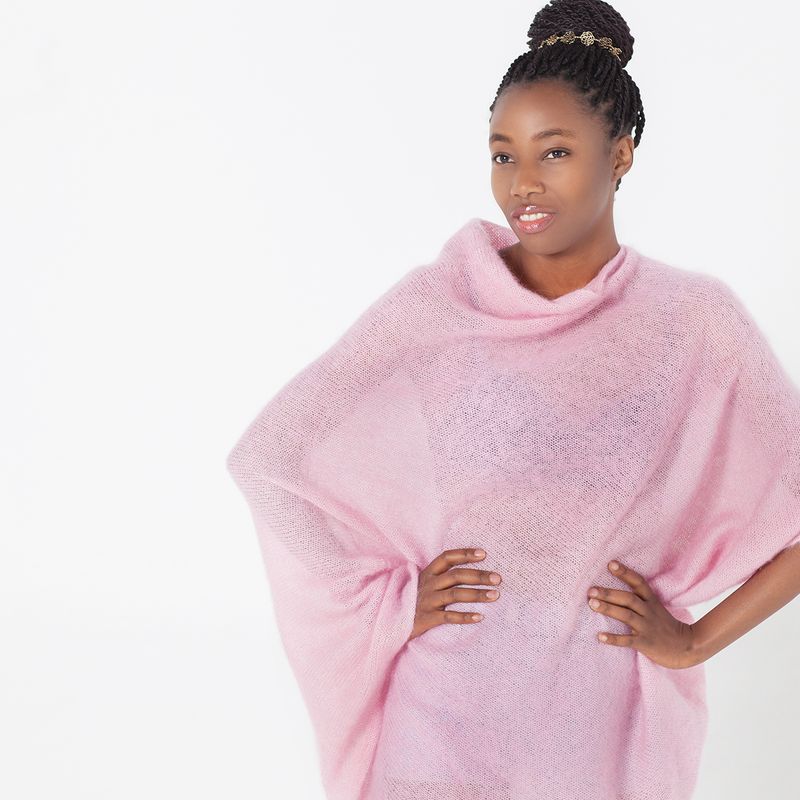 Fine knit semi-transparent mohair knit poncho in tender pink