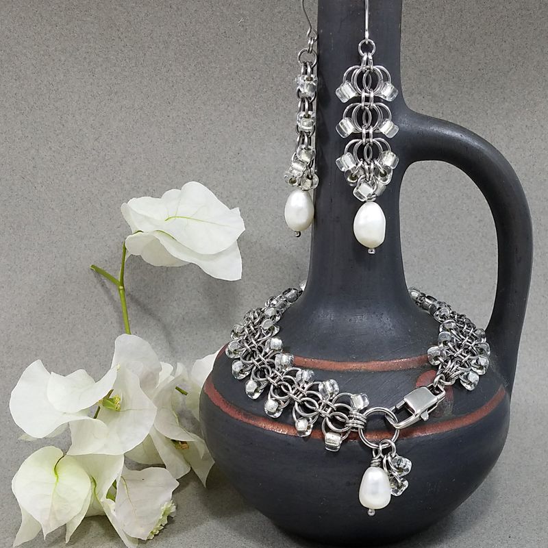 White Pearl& Japanese Glass Stainless Steel Chainmail Jewelry SET