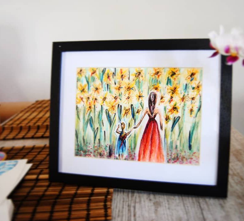 Original Sunflowers field mom and daughter watercolor illustration. Nursery Room. Baby room decor. Wall Art