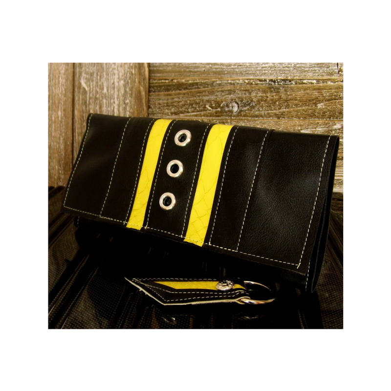 Womens Black Wallet, Yellow Vegan Wallet, Black and Yellow Trifold Wallet, Wallet and Key Set, Womens Long Wallet