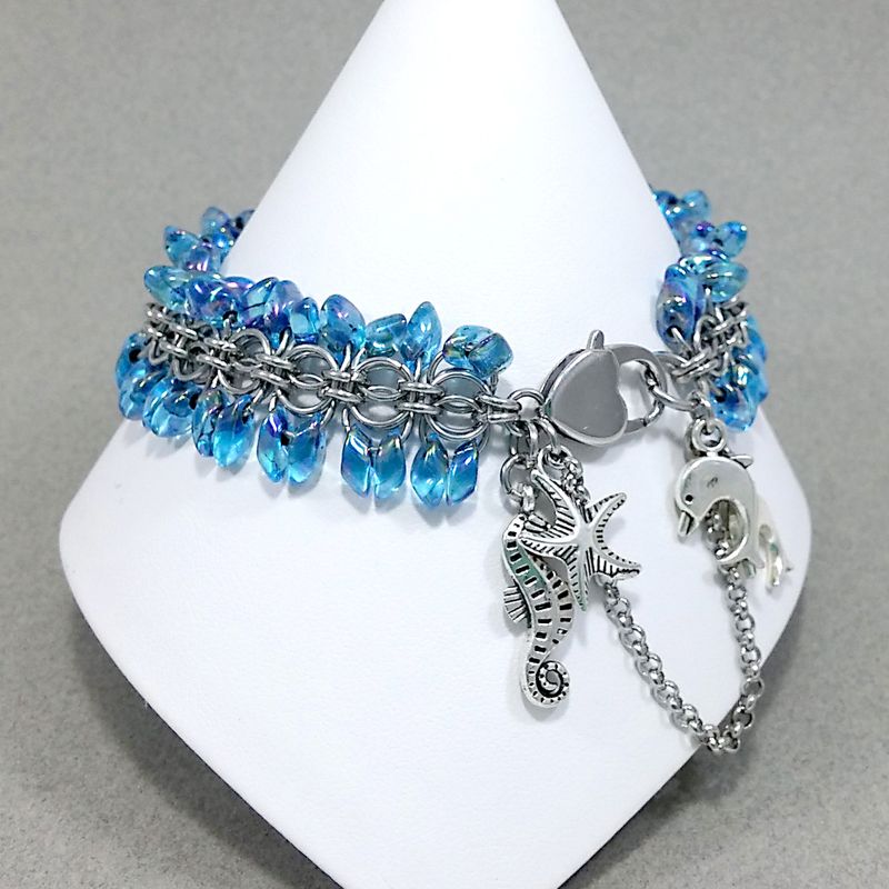 Bracelet , Stainless Steel Chain Mail & Japanese Glass Magatama Beads