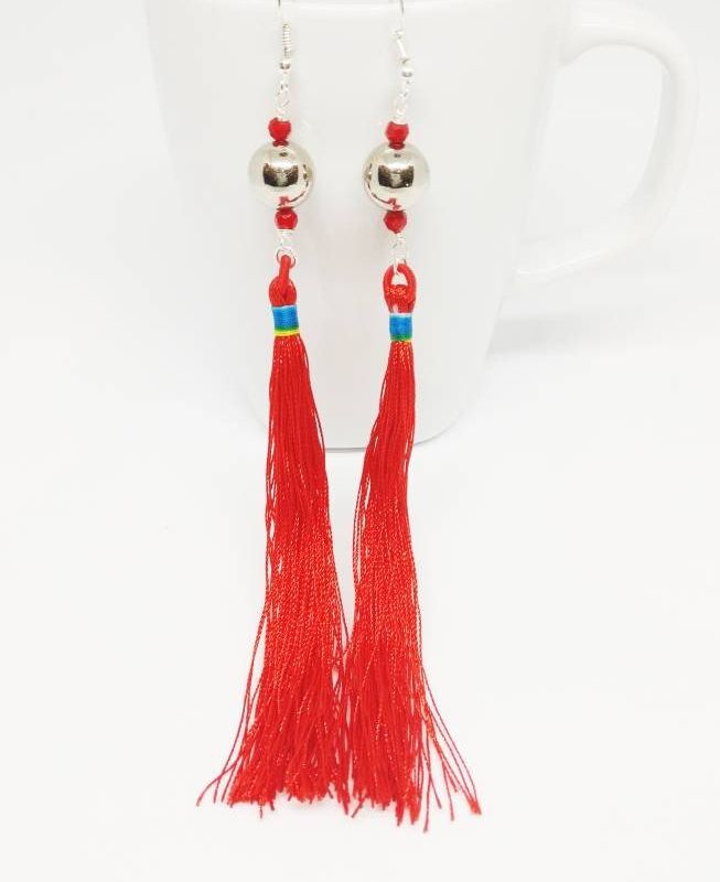 Long Fringe Tassel Earrings Red Tassel Silver Drops Boho jewelry bestselling gift for her