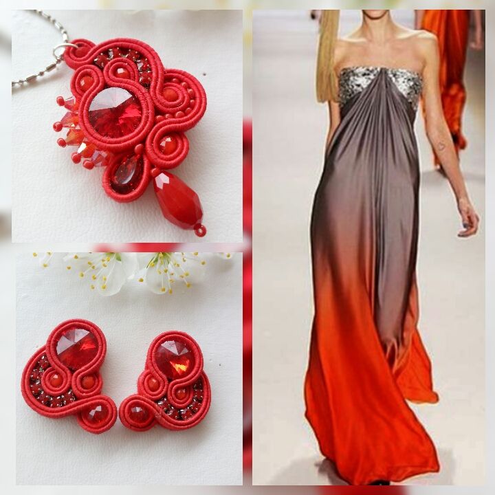 red soutache set, unique jewelry, soutache pendant, lobe earrings, ethnic necklace and earrings, elegant outfit, fine jewelry