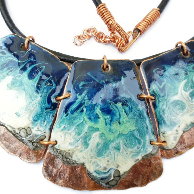 Copper pendant, blue wave hand painted with black leather cord