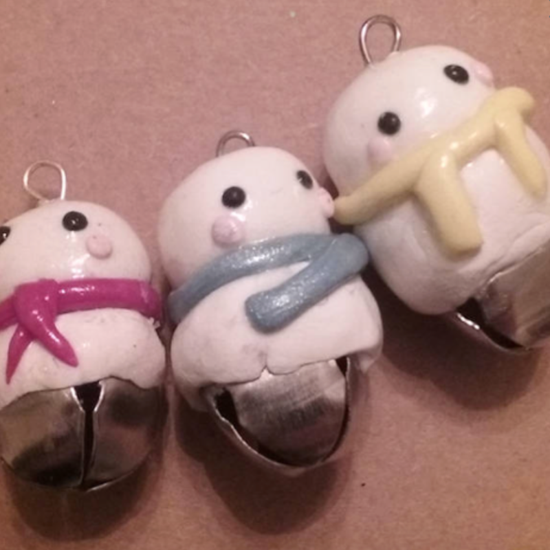 Snowmen with scarves polymer clay bell charm