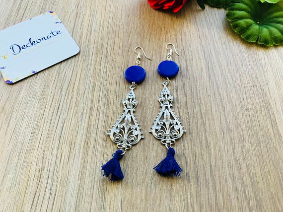 Silver Chandelier Blue Tassel earrings statement earring bestselling items dancer gift