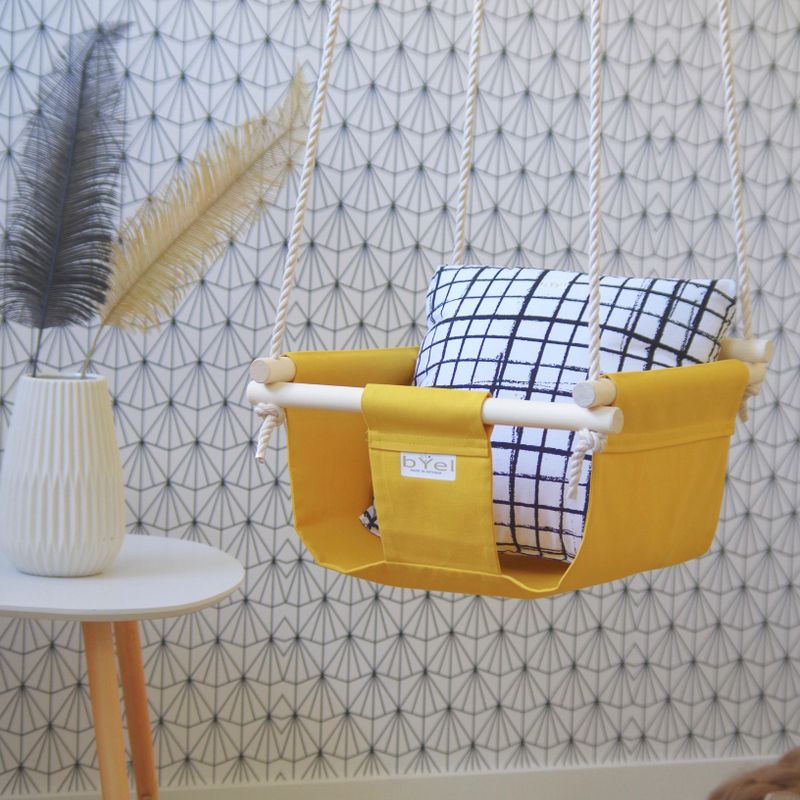 Byel Basic indoor baby swing. Mustard yellow boho nursery decor, swing chair