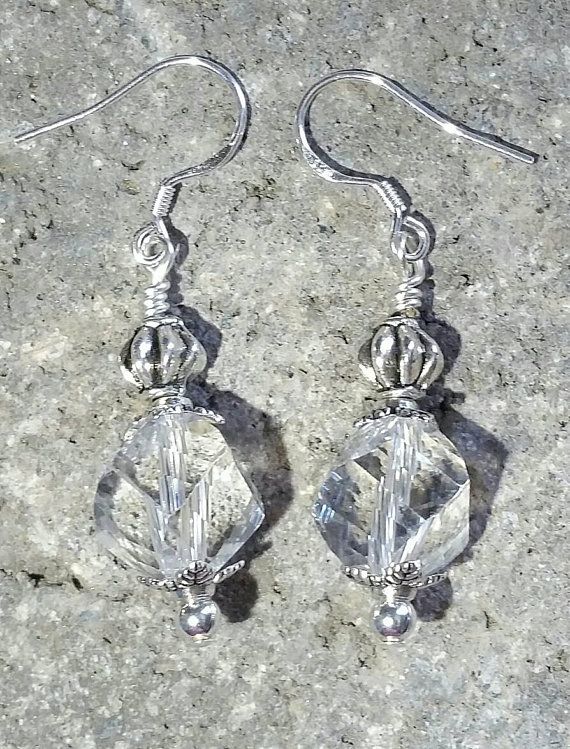 Clear Glass Earrings,Sterling Silver Earrings, Crystal Dangle Earrings, Vintage Style, Boho Earrings, Gifts for Her, Beach Jewelry