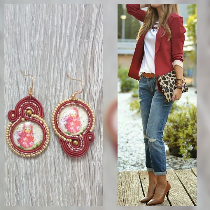 burgundy soutache earrings, matryoshka jewelry, colorful earrings, schmuck soutache, trendy accessories, personalized gift, handmade