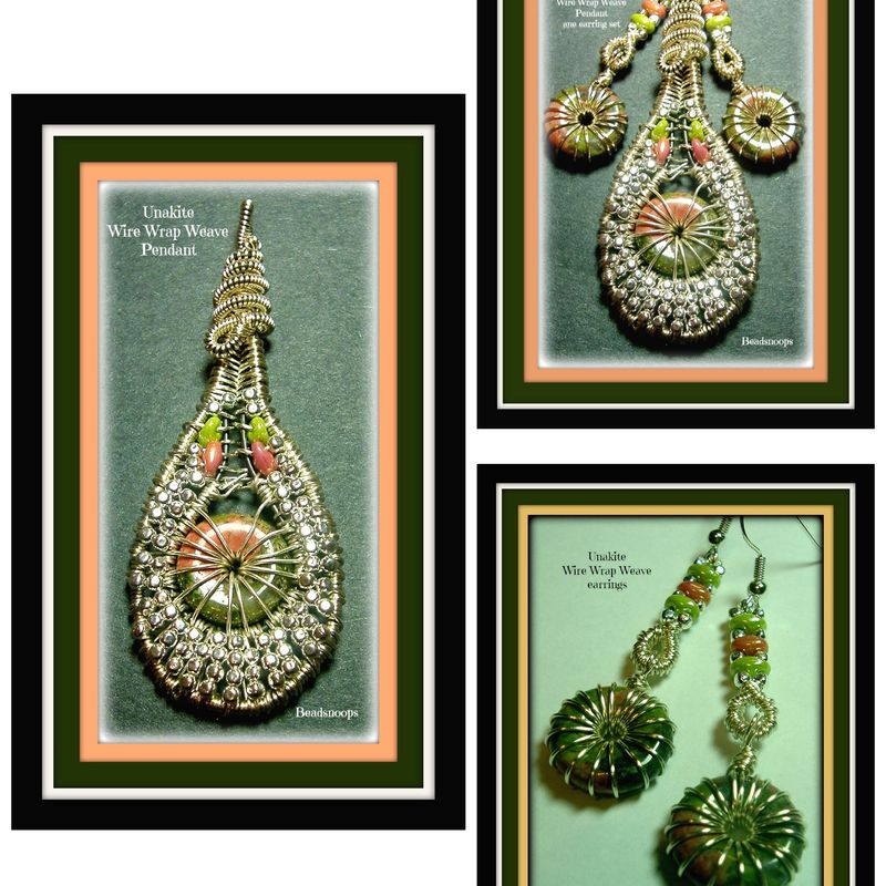 SOLD...Unakite gemstone-wire wrap weave pendant and earring set