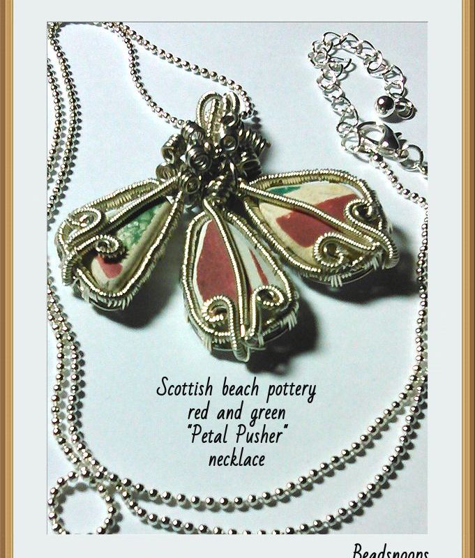 Wire wrap weave-Red and Green Scottish beach pottery "Petal Pushers" necklace