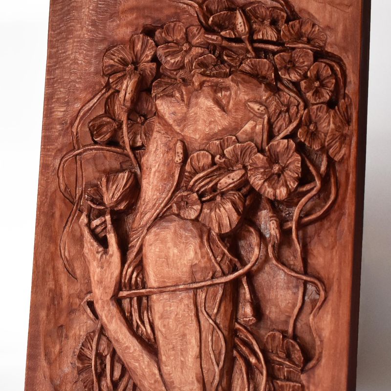 Nixie wood relief, handmade carving, basswood sculpture, mahogany wine