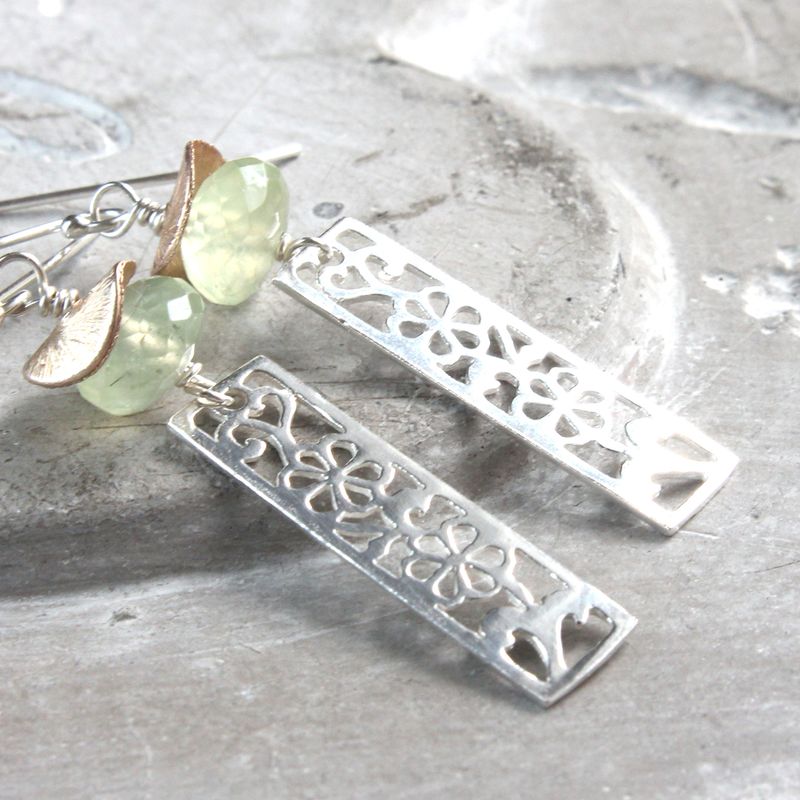 Prehnite Charm Earrings Sterling Silver Gemstone Jewelry Light Green Earrings