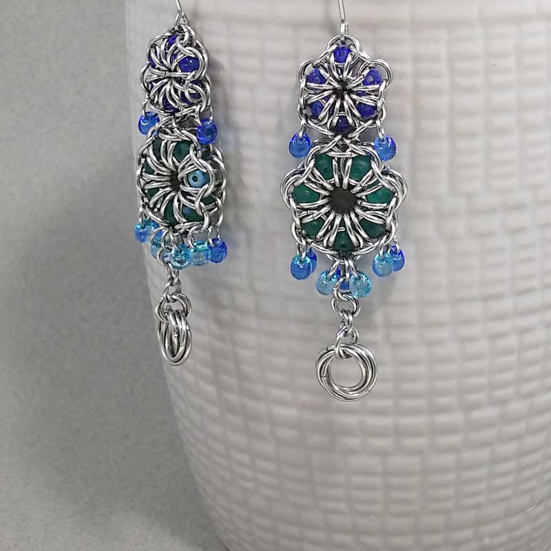 Blue&Teal Czech Crystals Captive in Chain Mail Stainless Steel Earrings