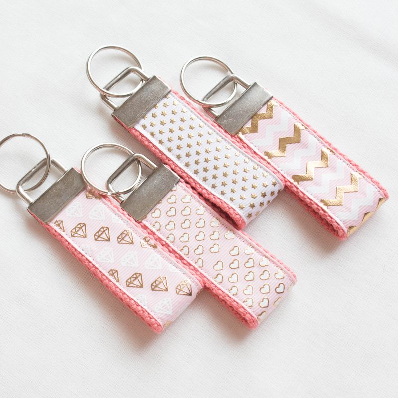Pink Keychain - Gold Foil Chevron, Star, Heart, Diamond