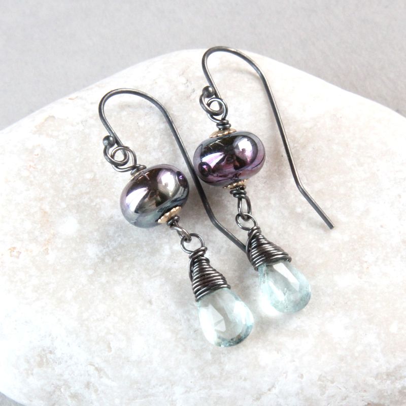 Lampwork And Aquamarine Teardrop Earrings Oxidized Silver March Birthstone Jewelry Gemstone Jewelry