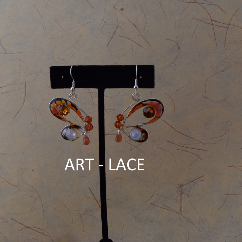 Butterfly Earrings Rhinestones Wing earrings Dangle and Drop Large Party Earring Gypsy Boho orange brown Swarovski resin wire moth earrings