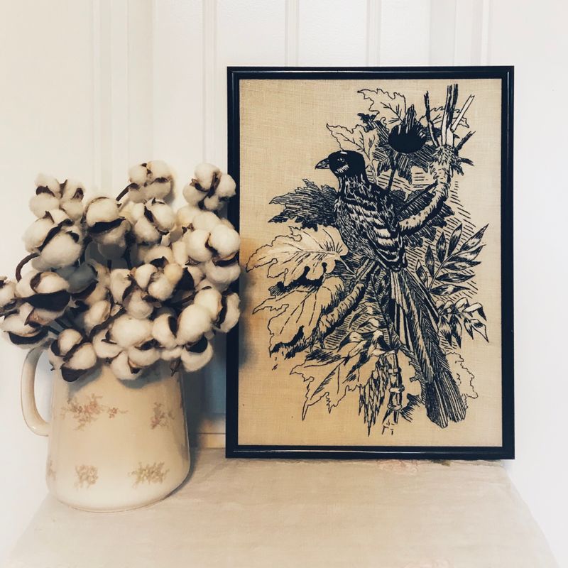 Vintage framed embroidery | Bird embroidery | Bird needle point | vintage bird embroidery | vintage bird wall hanging | black and white bird