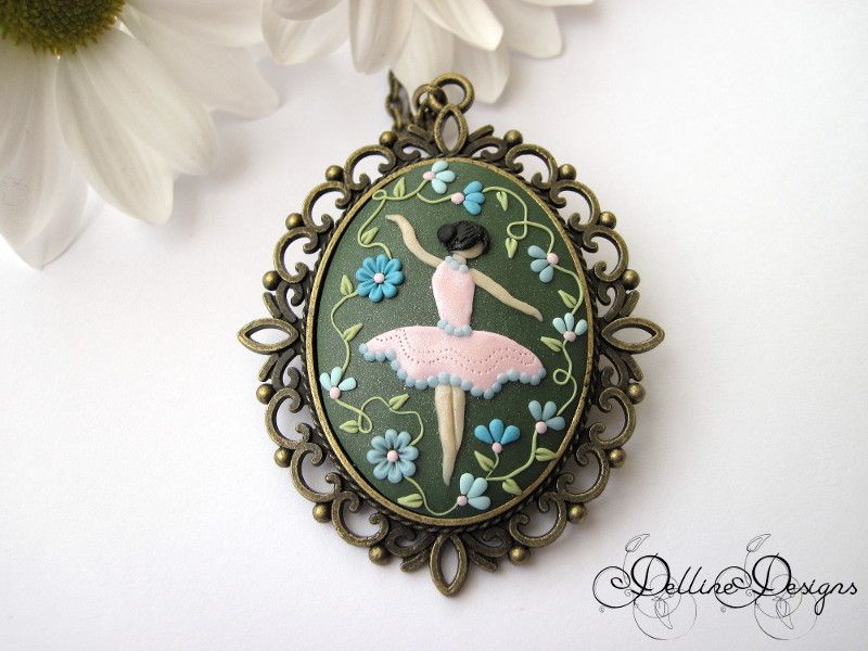 Dancing Among Flowers * Polymer clay pendant * Unique jewelry * Ballerina * Hand-sculpted pendant * Applique * Filigree * Handmade