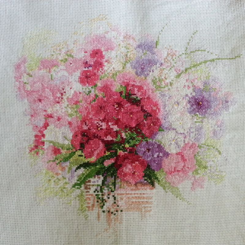 Completed boquet of flowers cross-stitch embroidery