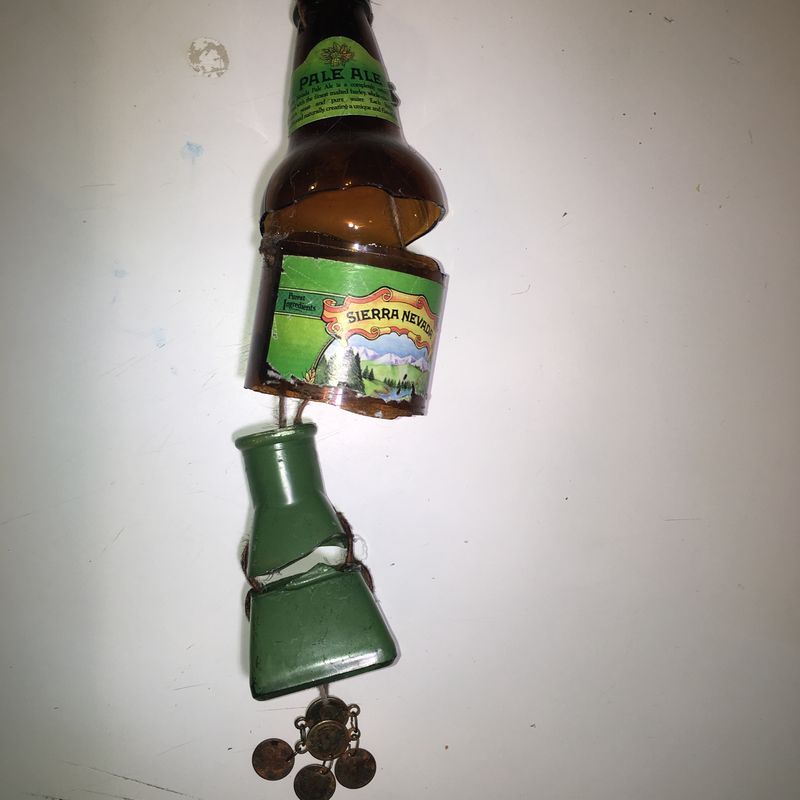 Glass antique bottle and coin, windchime
