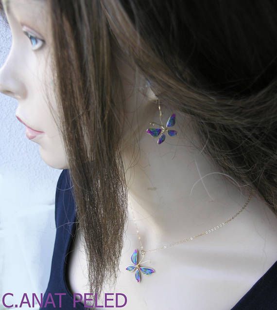 Butterfly jewelry set. Colorful butterfly earrings and necklace, gold filled.