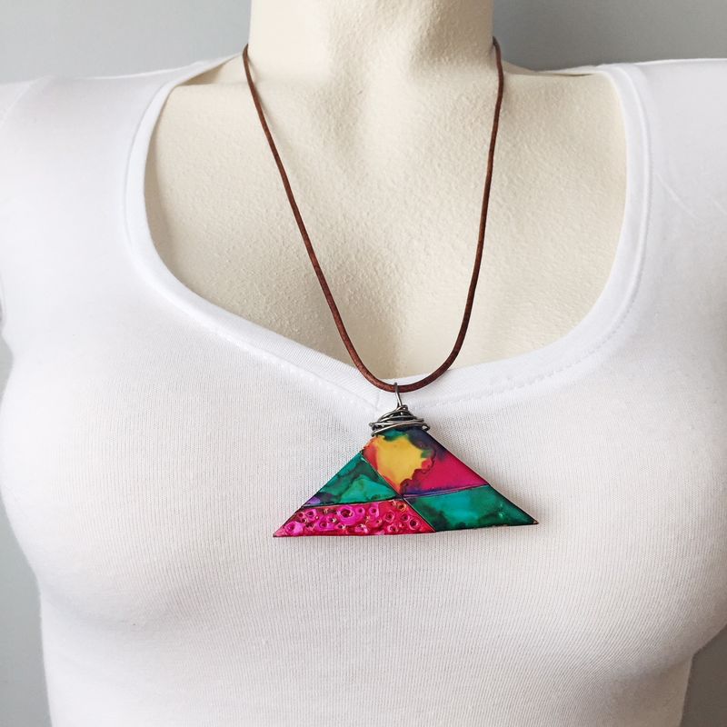 Polymer Clay Triangle Pendant Necklace, Handpainted Necklace, Vibrant Jewelry