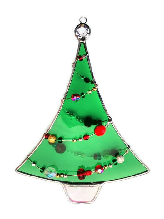 Christmas Tree Suncatcher with Beaded Garland, Stained Glass with Glass Beads