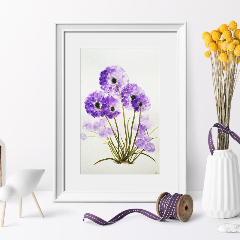Purple flower wall art watercolor, rustic flower botanical art, painting for living room